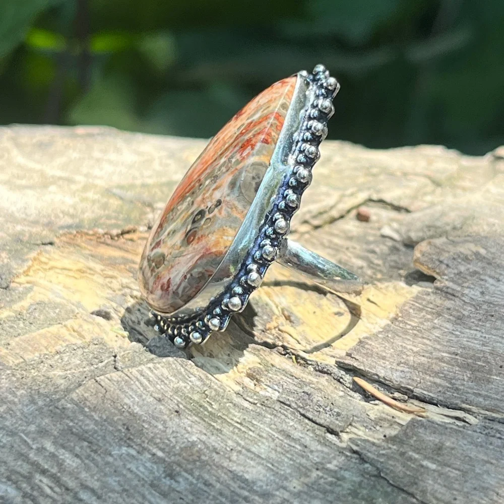 Size 8.25 925‎ silver plated leopard skin jasper ring